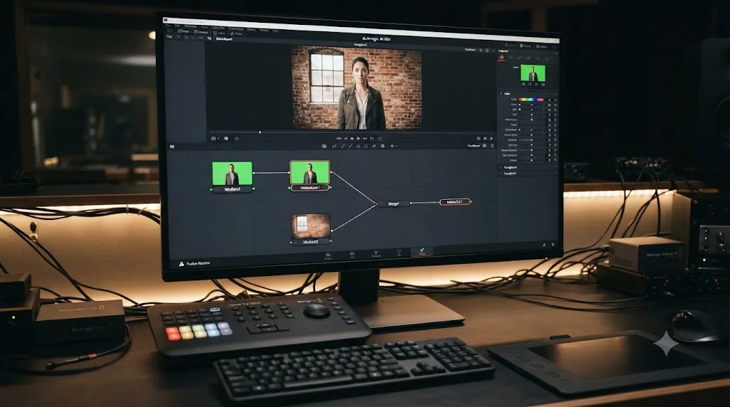 Illustration of a Delta Keyer removing a green screen background and revealing a new background in DaVinci Resolve Fusion