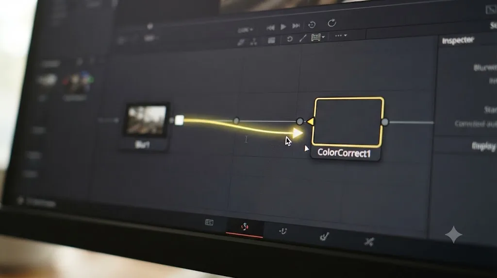 Illustration of connecting a yellow triangle input port to a white square output port between two DaVinci Resolve Fusion nodes