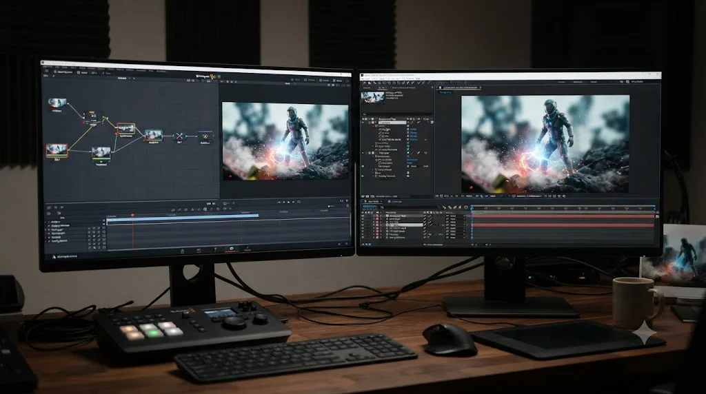 Illustration comparing a DaVinci Resolve Fusion node graph to an After Effects layer stack for the same composite