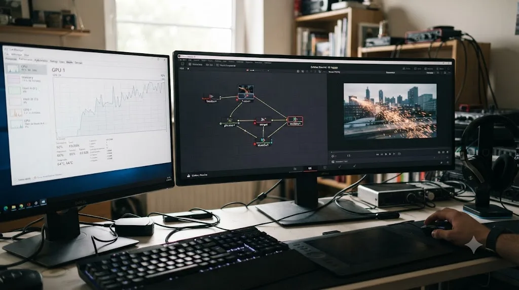 Illustration of GPU load increasing as tracking and particle tools are added to a DaVinci Resolve Fusion composite