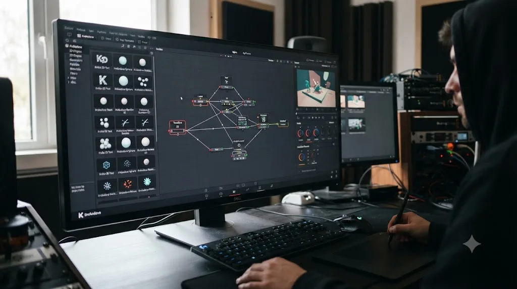 Illustration of the Krokodove motion graphics template library open next to a node graph in DaVinci Resolve Fusion