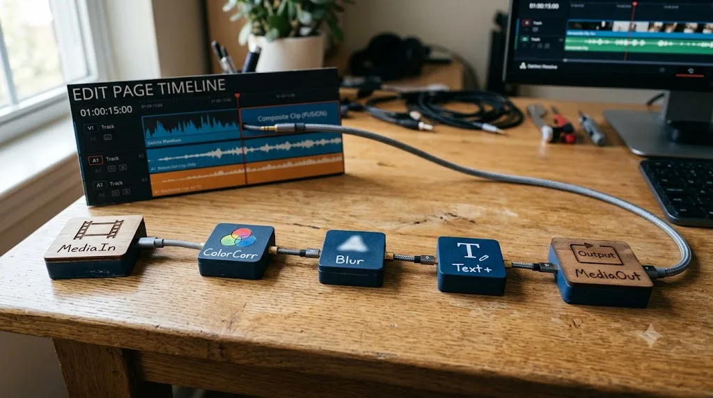 Illustration of MediaIn and MediaOut nodes connected in a chain feeding back to the DaVinci Resolve Edit page timeline