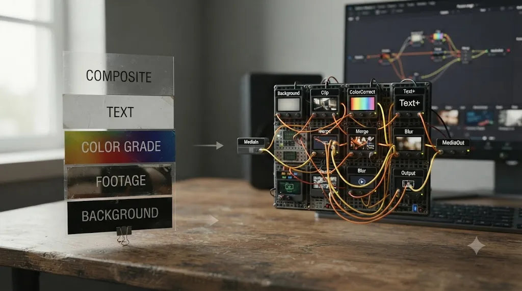 Illustration comparing a stack of layers to a chain of connected nodes in DaVinci Resolve Fusion