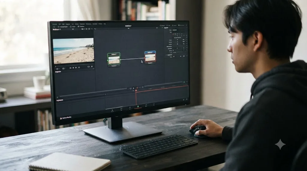 Illustration of a beginner's first DaVinci Resolve Fusion page with MediaIn and MediaOut nodes connected
