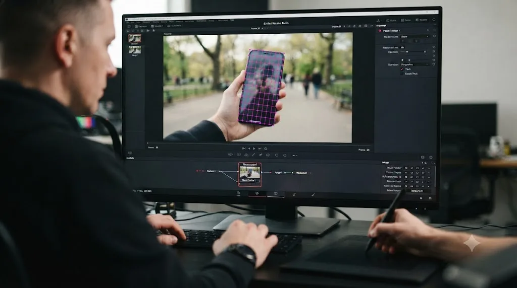 Illustration of a Planar Tracker following a moving phone screen across video frames in DaVinci Resolve Fusion