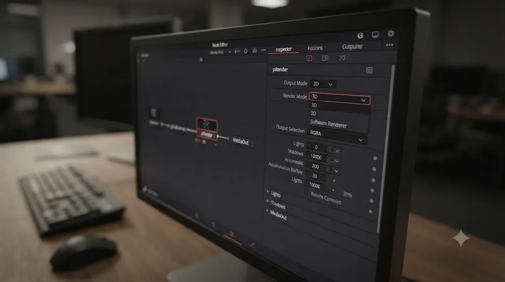 Illustration of the pRender node's 2D and 3D mode toggle in DaVinci Resolve Fusion