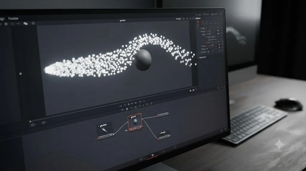 Illustration of particles steering around an obstacle using a pAvoid node in DaVinci Resolve Fusion