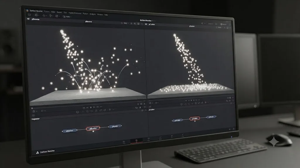 Illustration comparing particles bouncing with pBounce against particles freezing on contact with a pCustom expression in DaVinci Resolve Fusion