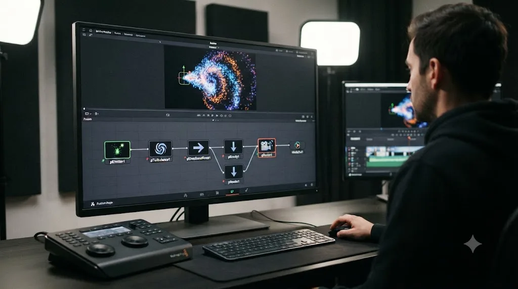 Illustration of a node chain from pEmitter through force nodes to pRender in DaVinci Resolve Fusion