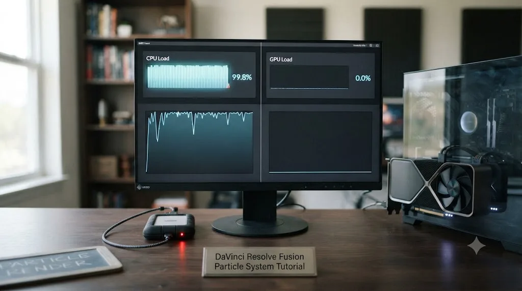 Illustration of CPU load pinned high while GPU load stays idle during a DaVinci Resolve Fusion particle render