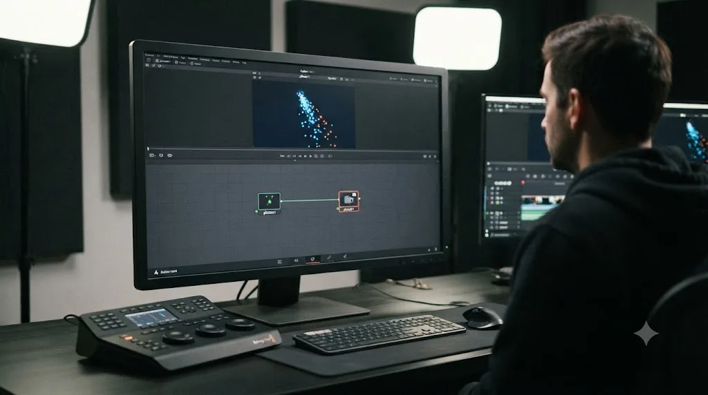 Illustration of a minimal DaVinci Resolve Fusion particle composite with pEmitter connected to pRender