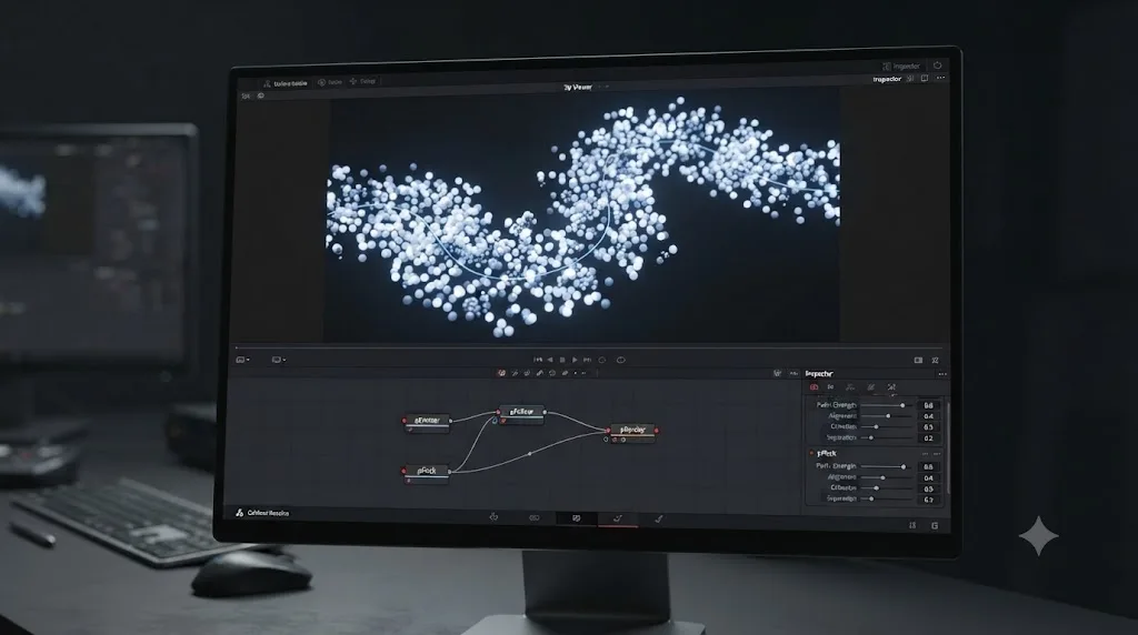 Illustration of a swarm of particles following a path and swarming naturally using pFollow and pFlock nodes in DaVinci Resolve Fusion