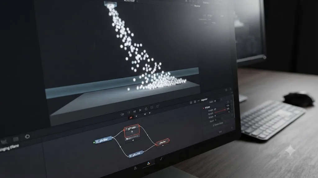 Illustration of particles slowing down inside a pFriction region near a surface in DaVinci Resolve Fusion