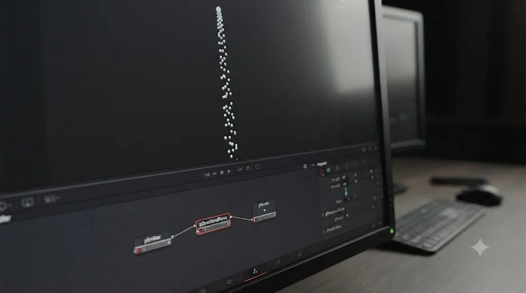 Illustration of particles falling under gravity from a pDirectionalForce node in DaVinci Resolve Fusion