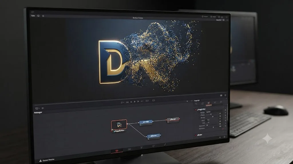 Illustration of a logo dissolving into particles using a pImageEmitter node in DaVinci Resolve Fusion