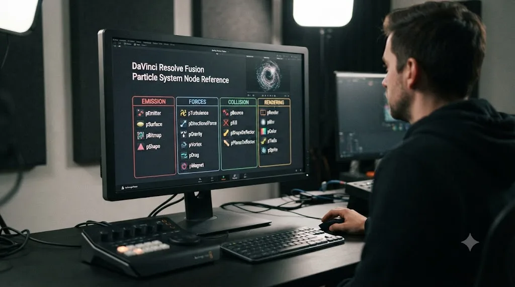 Illustration of a reference chart grouping DaVinci Resolve Fusion particle nodes by category