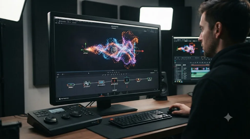 Illustration of a particle stream being generated by a pEmitter node in the DaVinci Resolve Fusion page