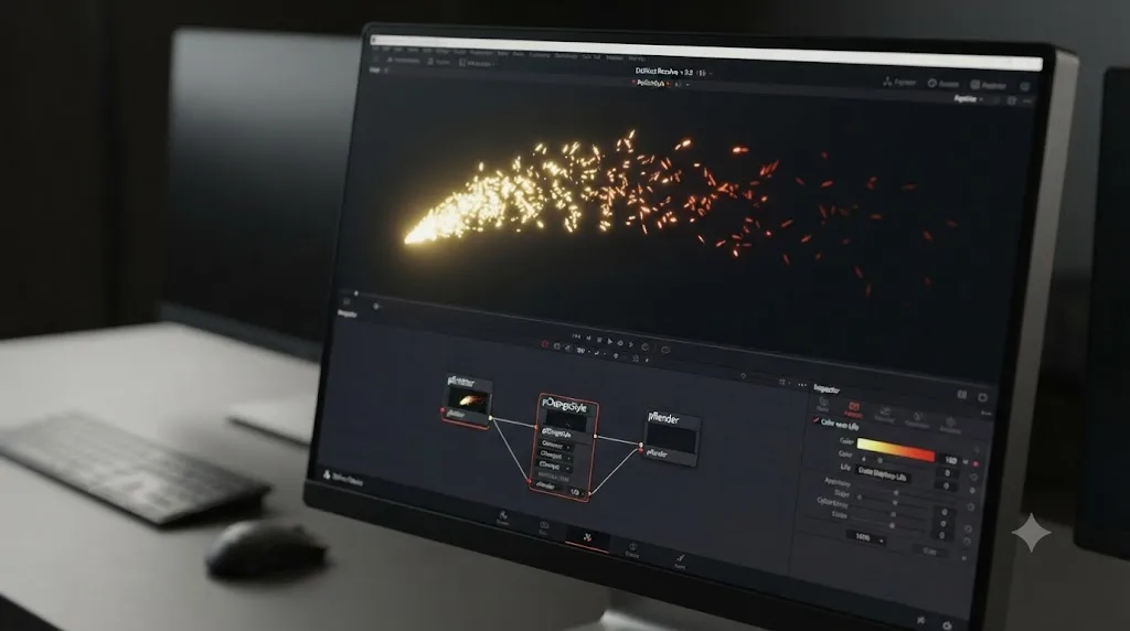 Illustration of a pCustom node's expression editor controlling particle collision behavior in DaVinci Resolve Fusion