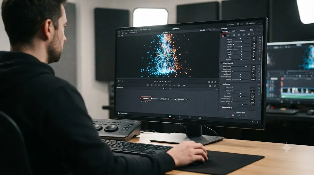 Illustration of the pEmitter node Inspector panel with Controls, Style, Region, and Sets tabs in DaVinci Resolve Fusion