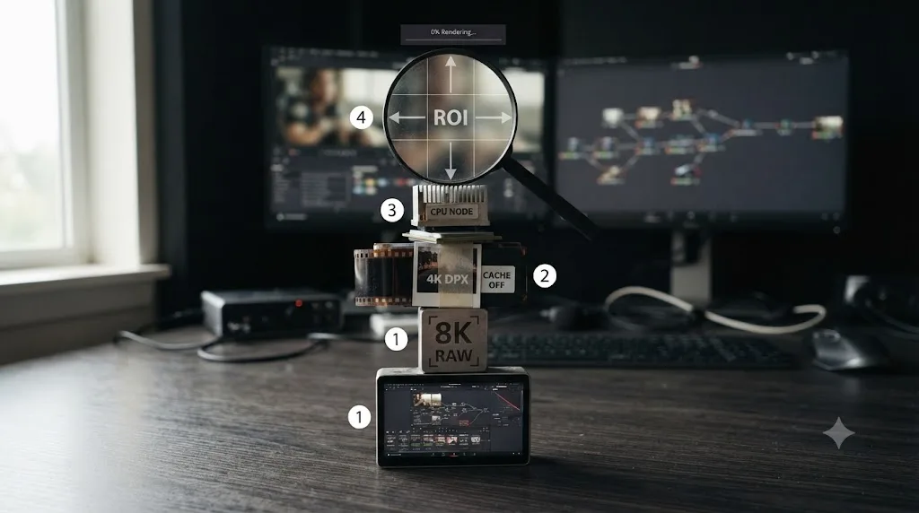 Illustration of four separate causes stacking together into one slow Fusion render