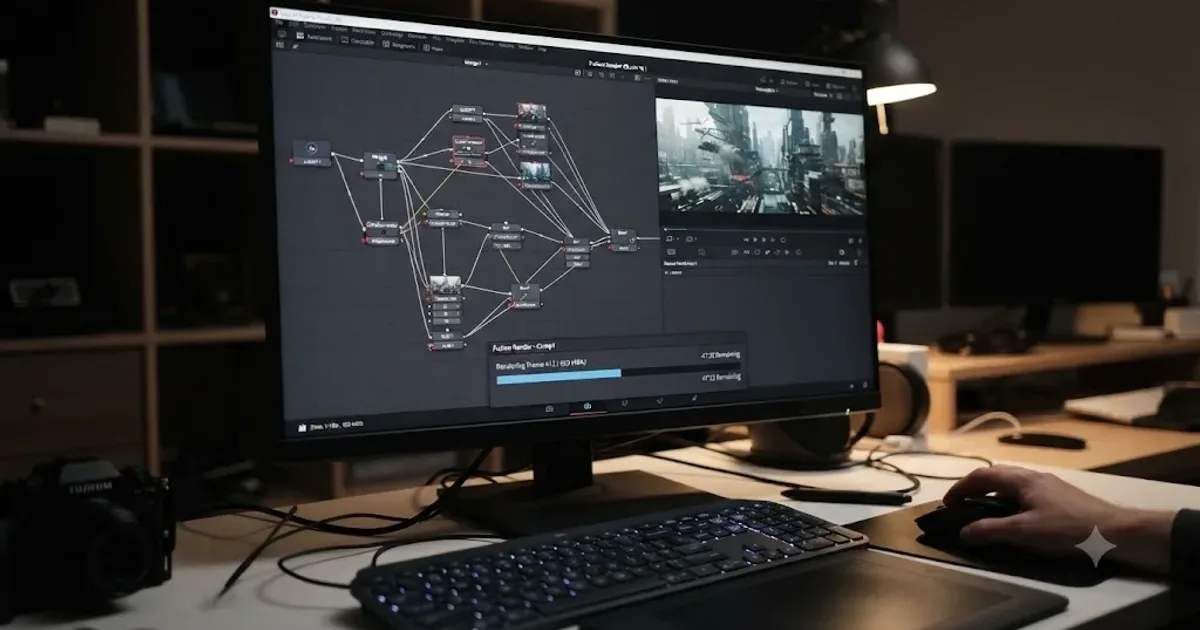 Illustration of a DaVinci Resolve Fusion composition rendering slowly with a stalled progress bar