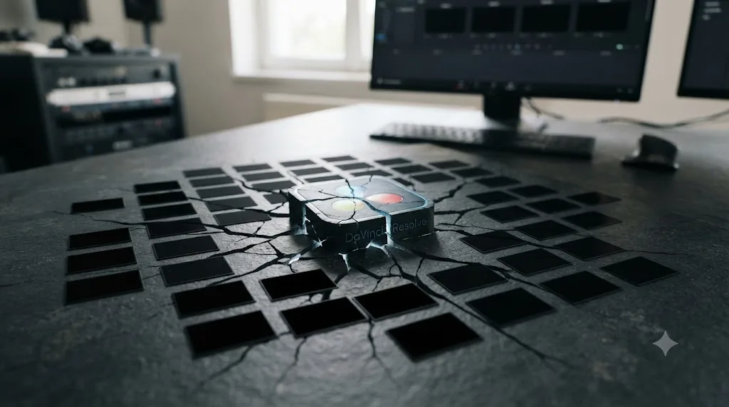 Illustration of a corrupted DaVinci Resolve project database affecting gallery stills
