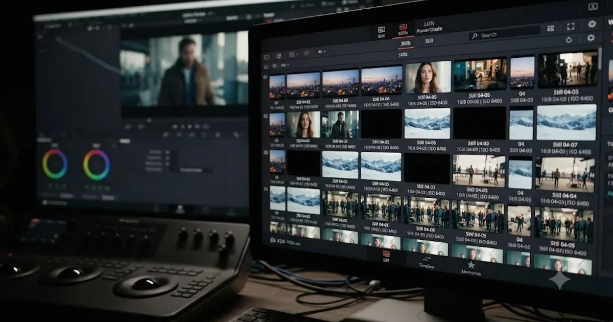 Illustration of a DaVinci Resolve gallery panel showing several stills as solid black thumbnails