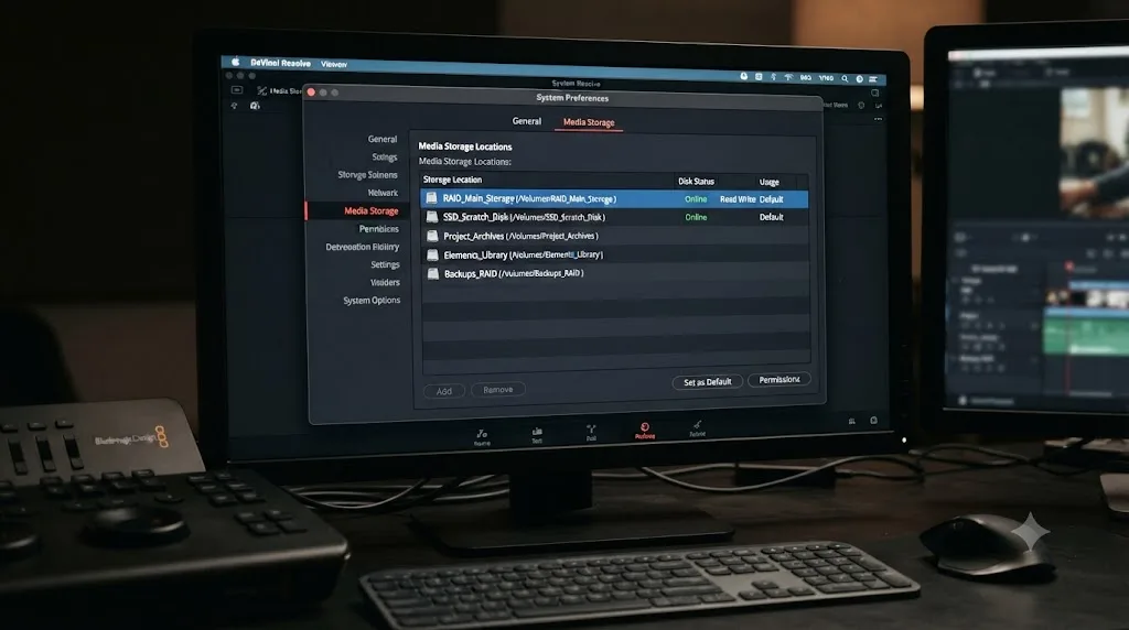 Illustration of the DaVinci Resolve Media Storage preferences panel with drive volumes listed in order
