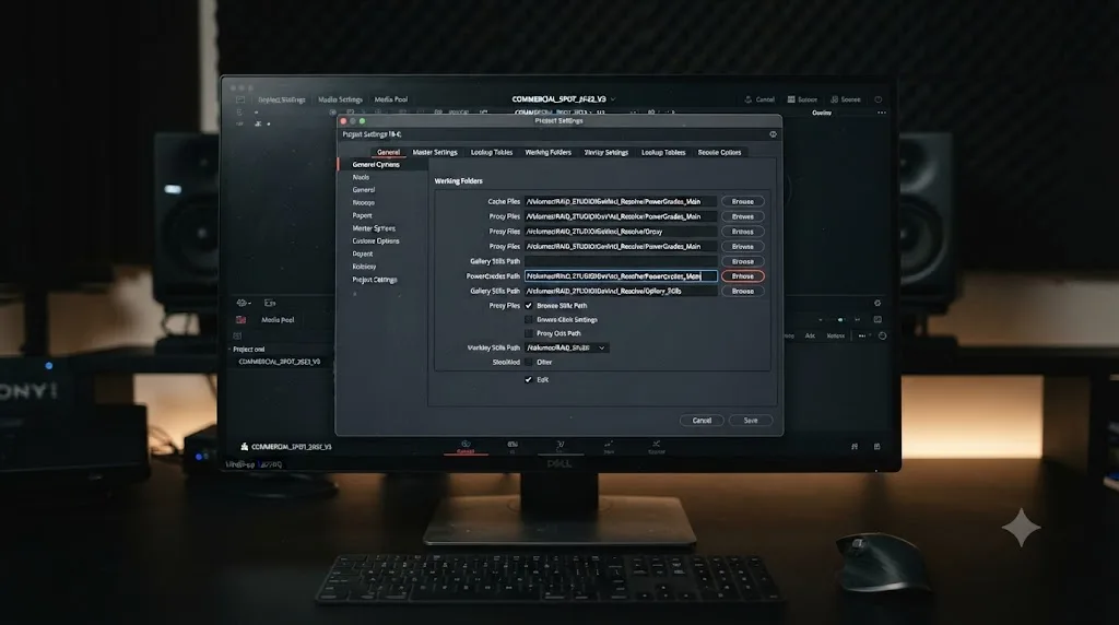 Illustration of setting a stable gallery and PowerGrades path in DaVinci Resolve project settings