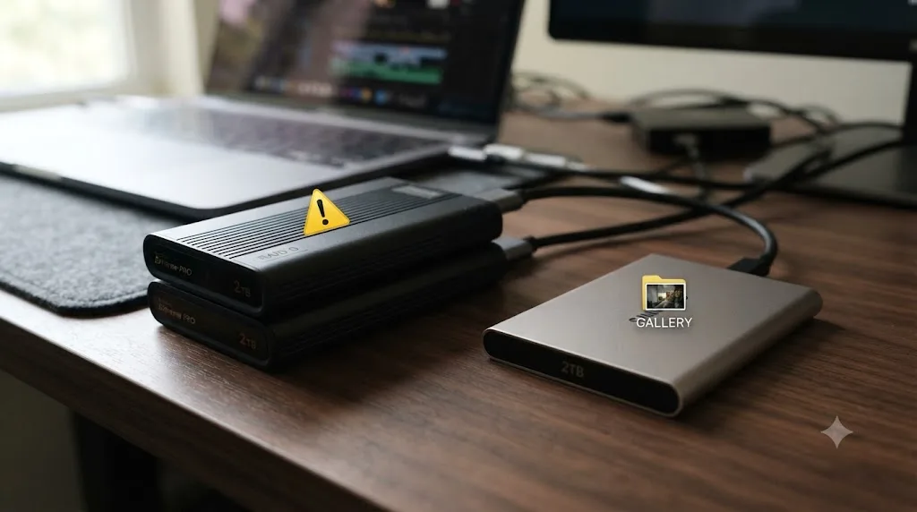 Illustration comparing a RAID 0 array with a single dedicated SSD for storing gallery stills