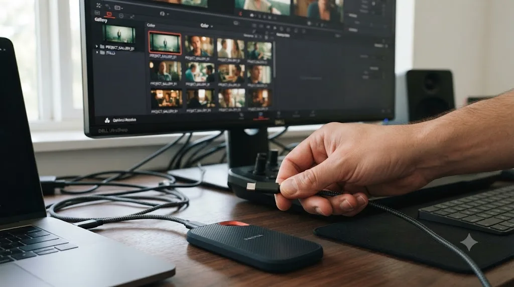 Illustration of an external drive being reconnected to restore a DaVinci Resolve gallery