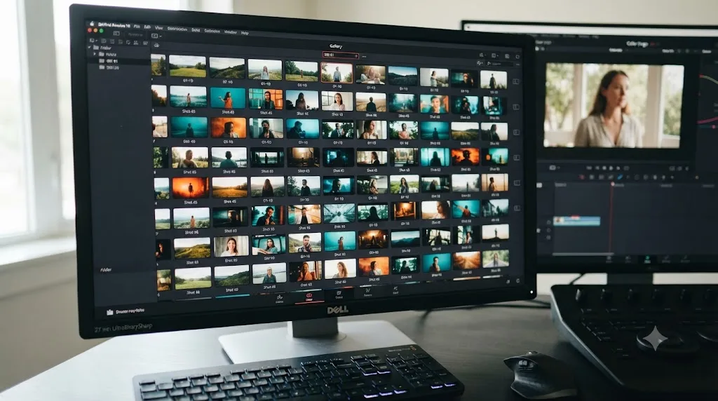 Illustration of a restored DaVinci Resolve gallery panel with intact color thumbnails after the storage path is fixed
