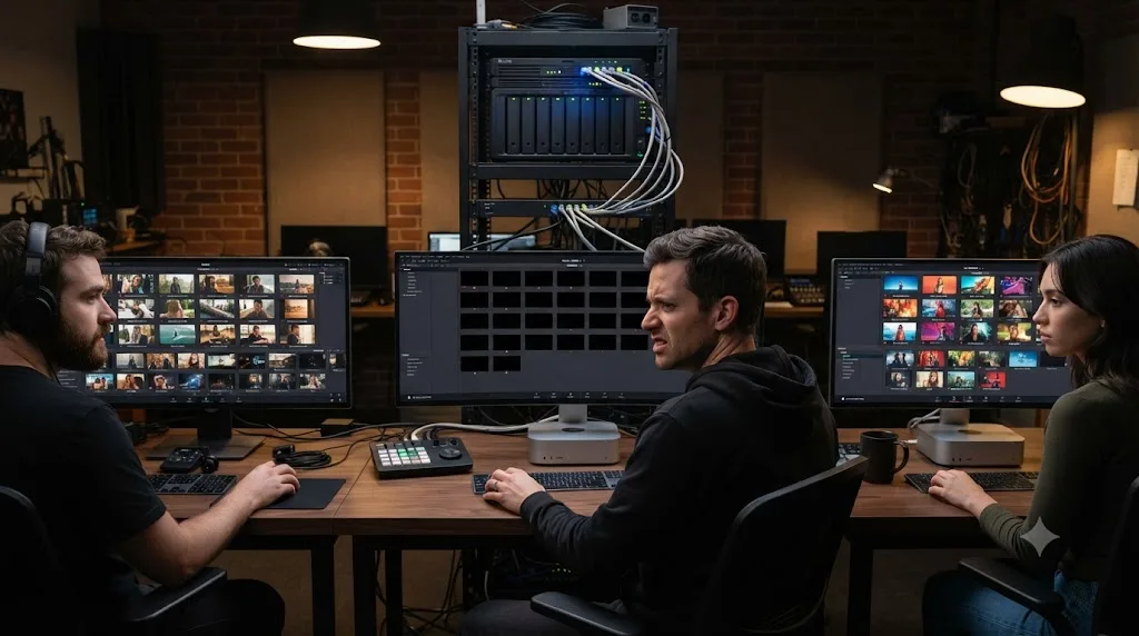 Illustration of three workstations sharing a DaVinci Resolve database with one showing black gallery stills