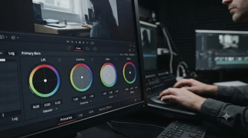 Illustration of the Lift, Gamma, and Gain color wheels being used for a neutral balance pass in DaVinci Resolve