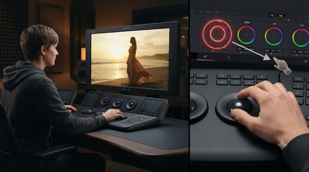 Illustration of a colorist practicing a golden hour grade with an on-screen assistant highlighting a control in DaVinci Resolve