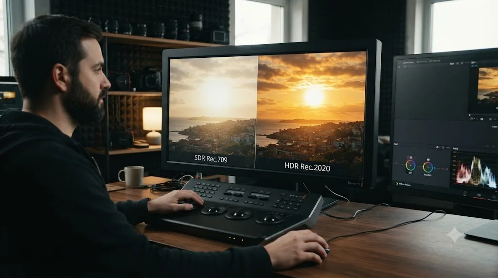 Illustration comparing an SDR Rec.709 golden hour grade to an HDR Rec.2020 grade with more highlight detail retained