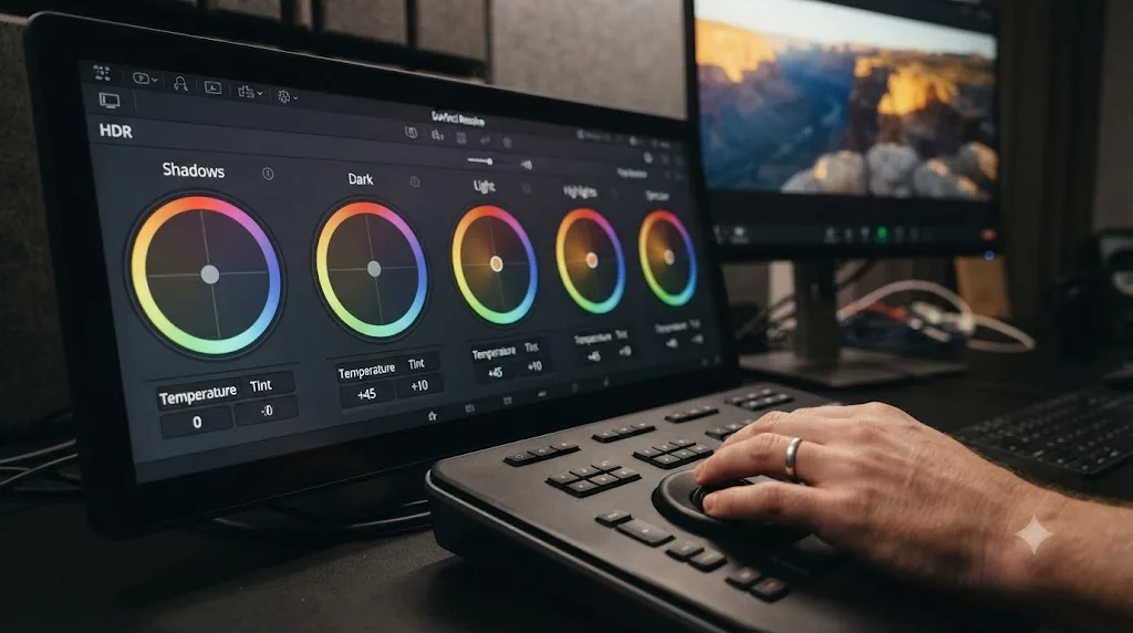 Illustration of the DaVinci Resolve HDR grading palette isolating warm highlights from neutral shadows