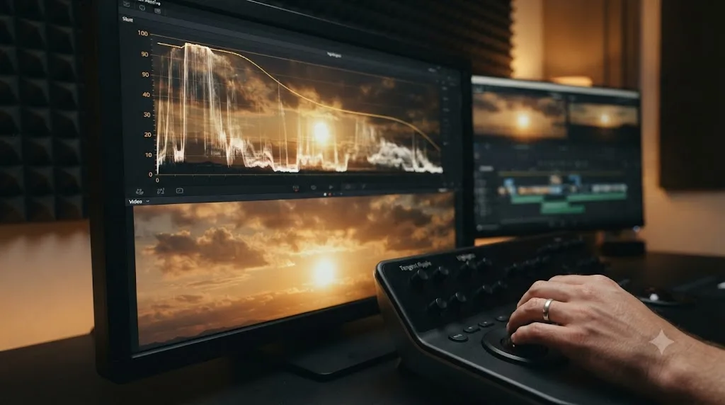 Illustration of the DaVinci Resolve waveform showing highlight rolloff around a blown golden hour sky
