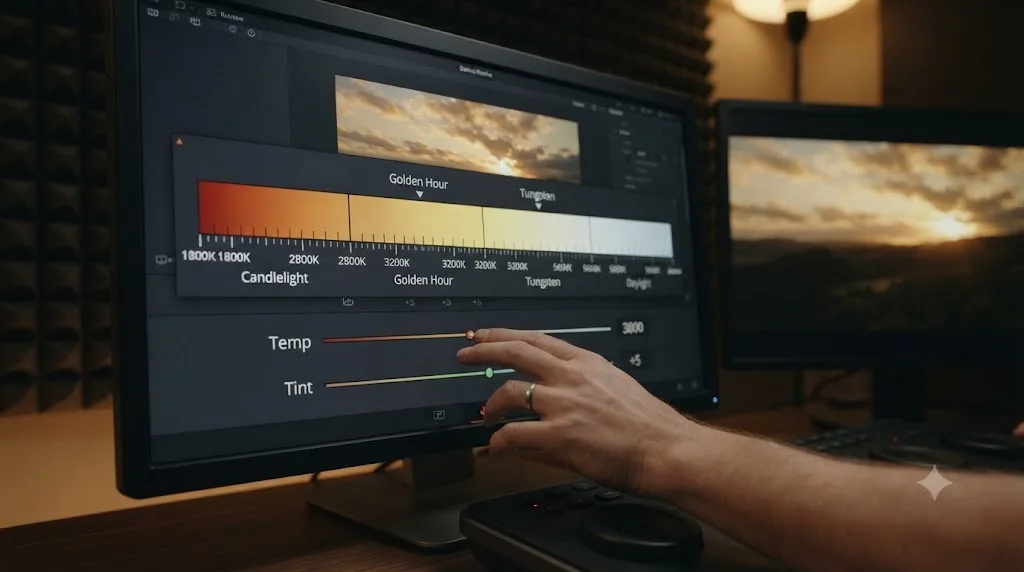 Illustration of a color temperature Kelvin reference scale beside the DaVinci Resolve Temp and Tint sliders