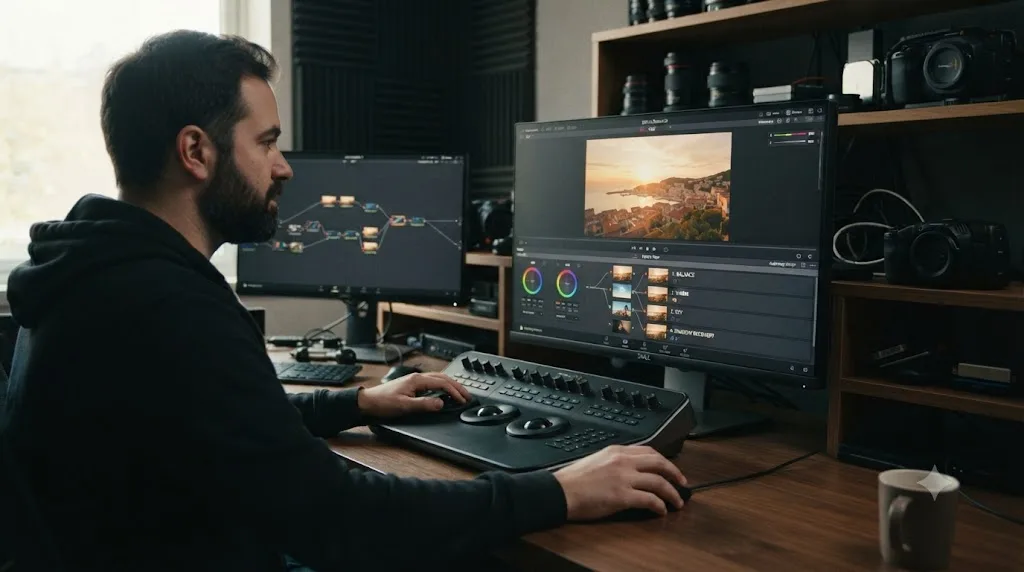 Illustration of the DaVinci Resolve 21 node editor layers view showing a golden hour grade's node chain