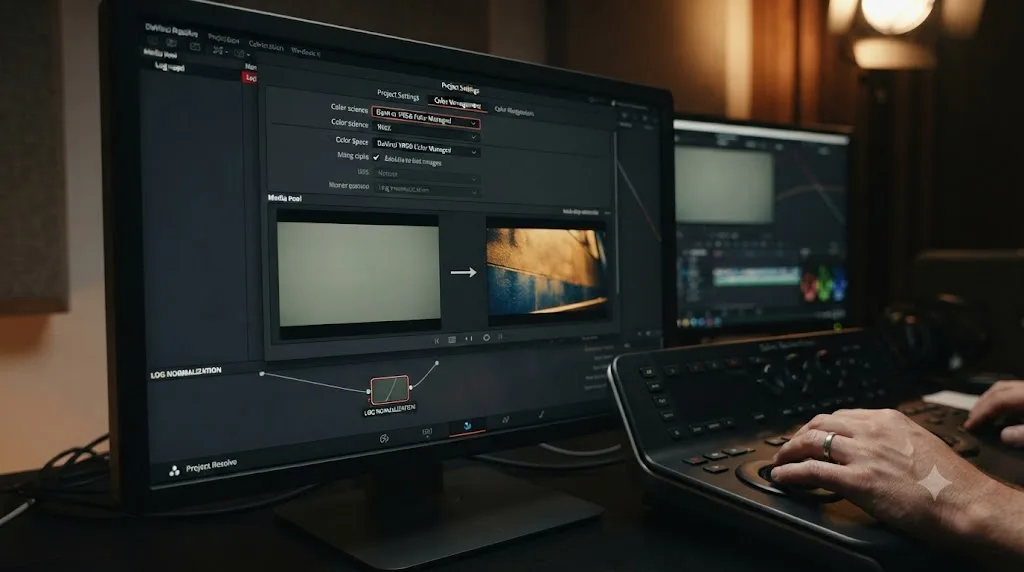 Illustration of DaVinci Resolve's color managed mode normalizing a flat log clip before a golden hour grade