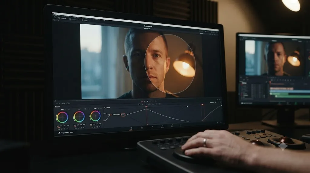 Illustration of a DaVinci Resolve power window isolating a warm practical light from cooler golden hour light on a subject's face