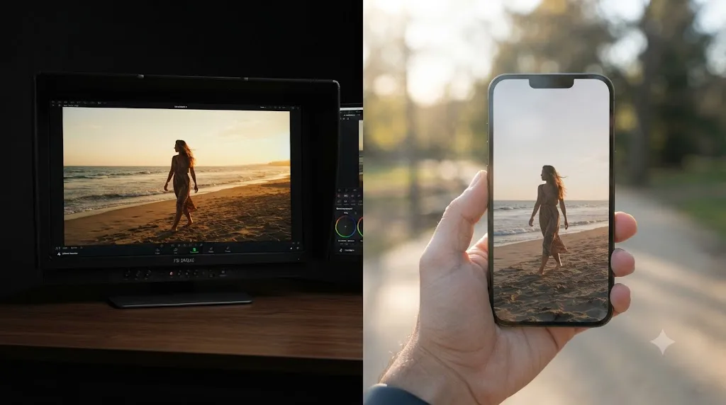Illustration comparing a golden hour grade viewed on a calibrated monitor versus a phone screen in bright daylight