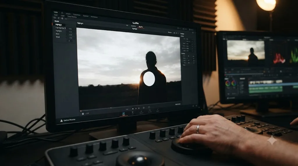 Illustration of a DaVinci Resolve qualifier matte with a subtracting power window removing skin from a sky selection
