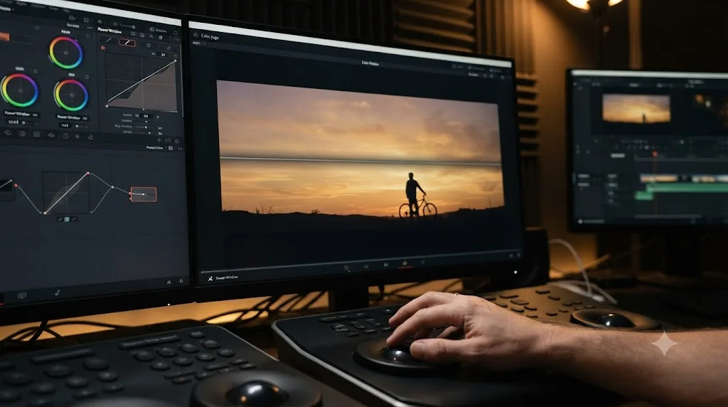 Illustration of a gradient power window isolating a golden hour sky from a foreground subject in DaVinci Resolve