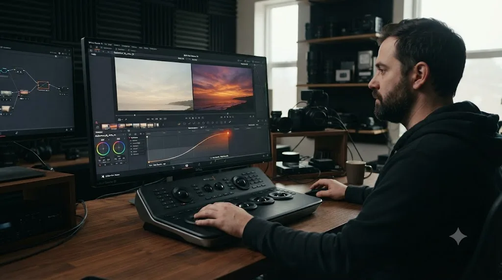Illustration of a keyframed Gain control animating a golden hour sky grade across a continuous shot in DaVinci Resolve