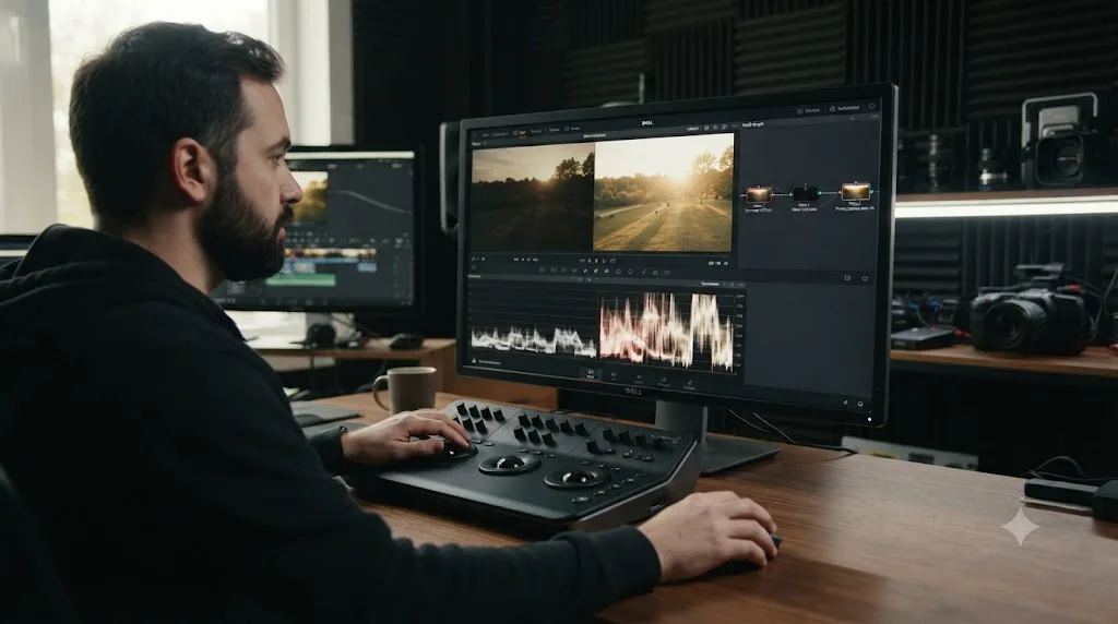 Illustration of a DaVinci Resolve waveform showing an underexposed golden hour clip corrected before noise reduction and warmth are applied