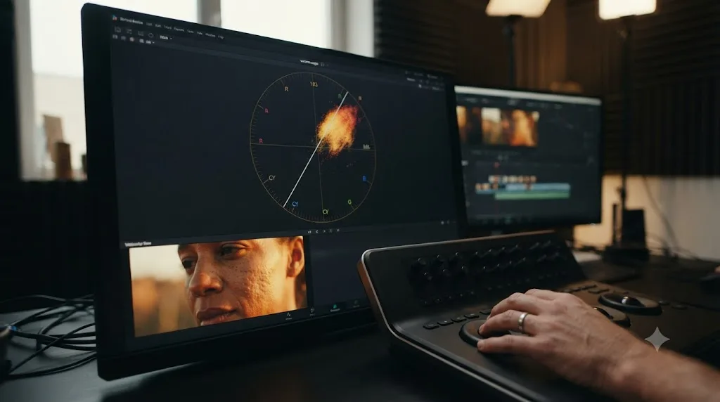 Illustration of the DaVinci Resolve vectorscope skin tone indicator with a warm golden hour skin trace
