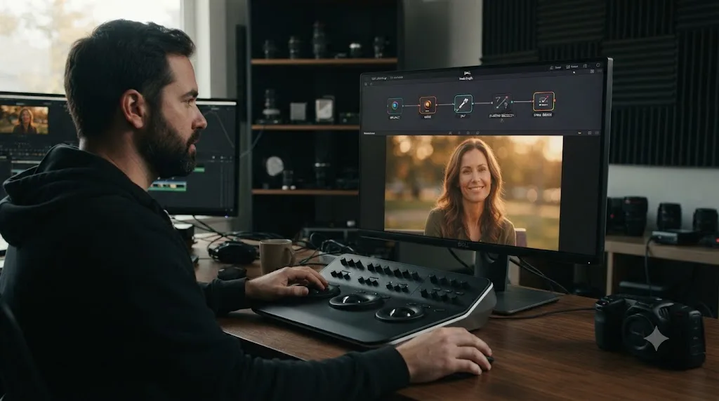 Illustration of a labeled node chain for a complete golden hour color grade in DaVinci Resolve