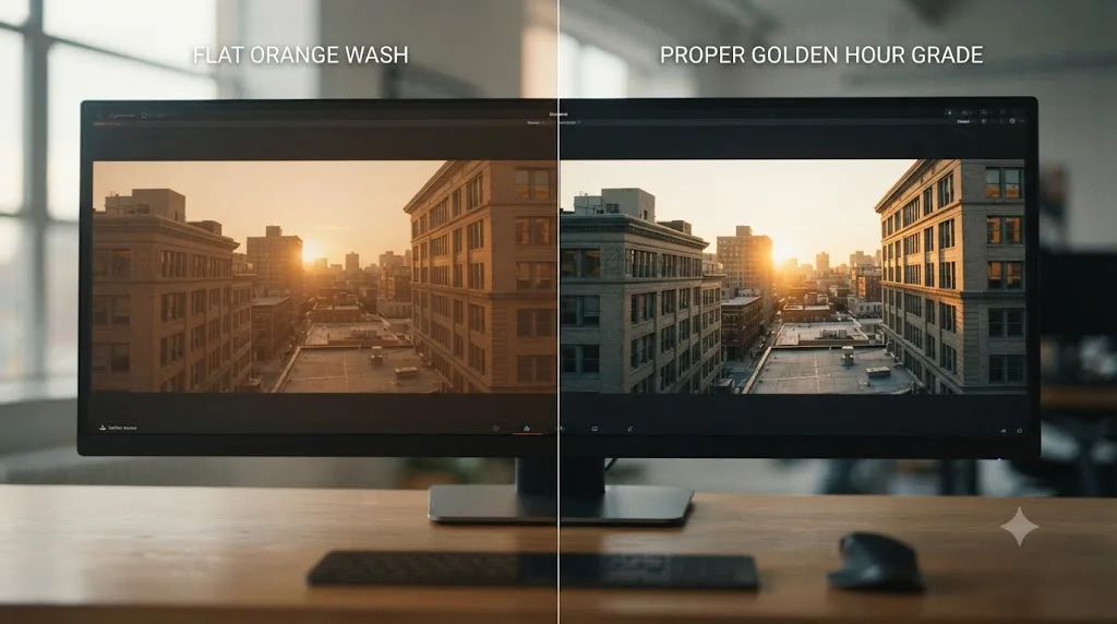 Illustration comparing a flat orange color wash to a properly zoned golden hour color grade